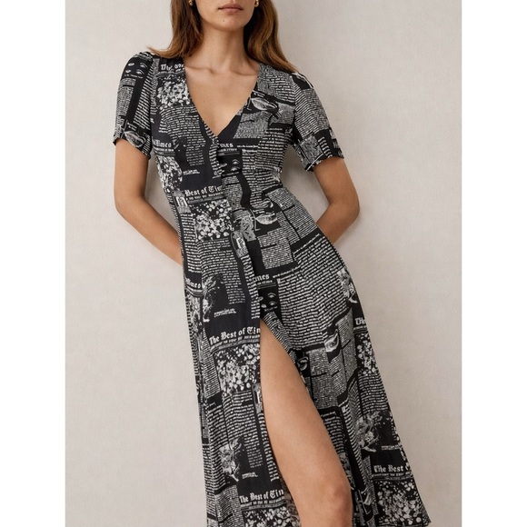 REFORMATION Locklin Zine Newspaper Black White Print Midi Dress Size 4 - Picture 2 of 8